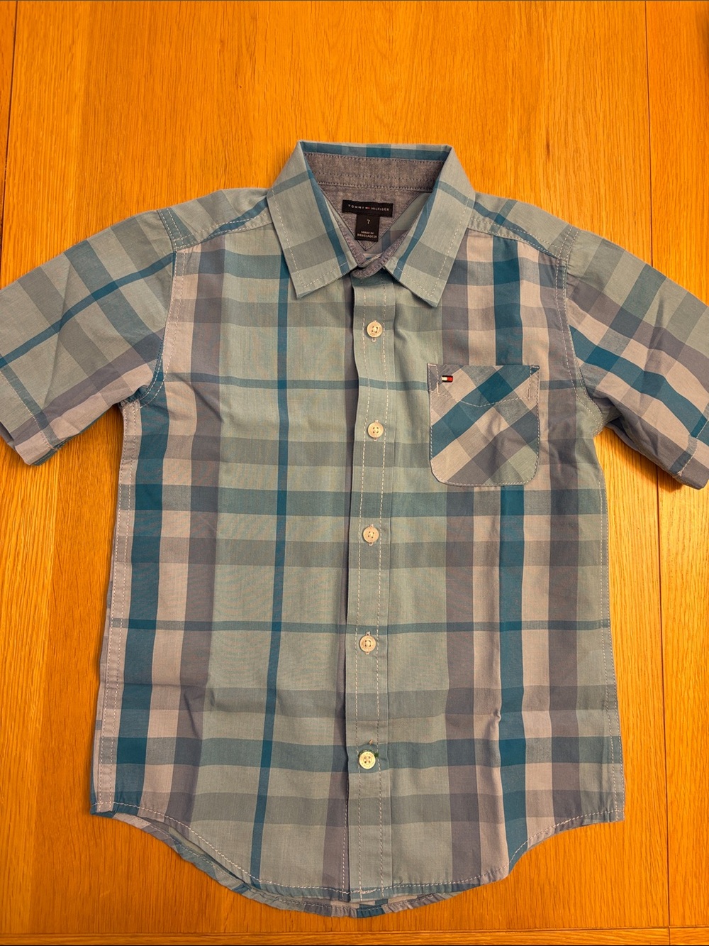 Tommy Hilfiger Blue Plaid Short-Sleeve Button-Down Shirt - size 7